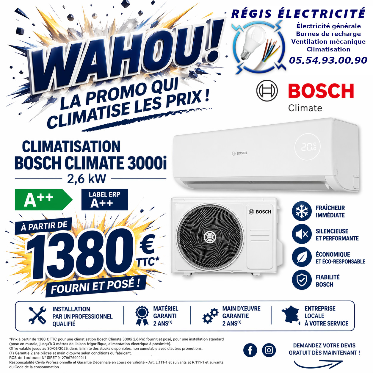 Promotion Climatisation Bosch Climate 3000i 2,6 kW – 1380€ TTC fourni et posé – Régis Électricité